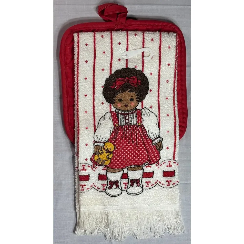 Vintage Girl Kitchen Towel & Potholder Set Red Country Cottage Retro Decor